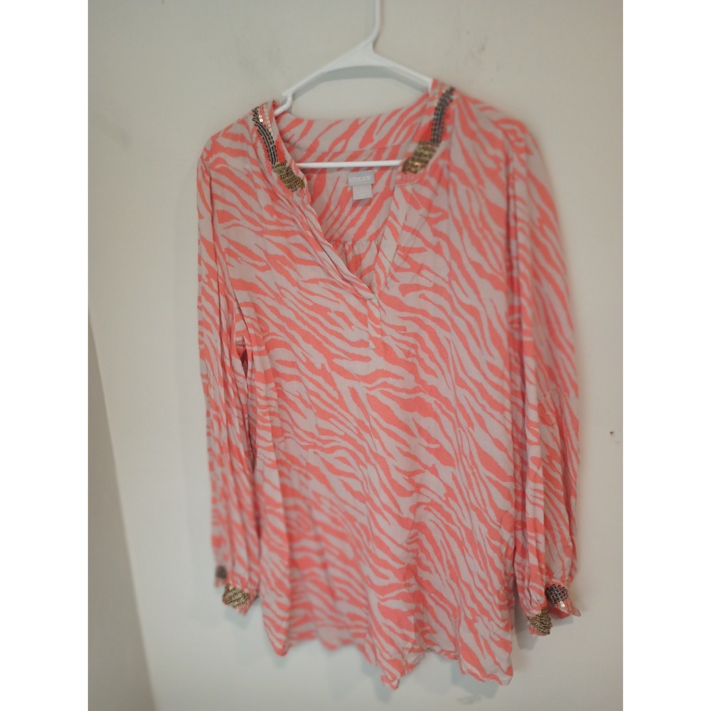 Chicos Women Size 2 Large Coral Zebra Animal Print Sequin V-Neck Tunic Blouse...